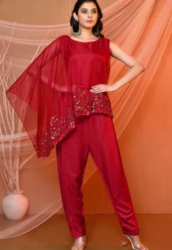 Embroidered Satin Silk and Tissue Jumpsuit in Red
