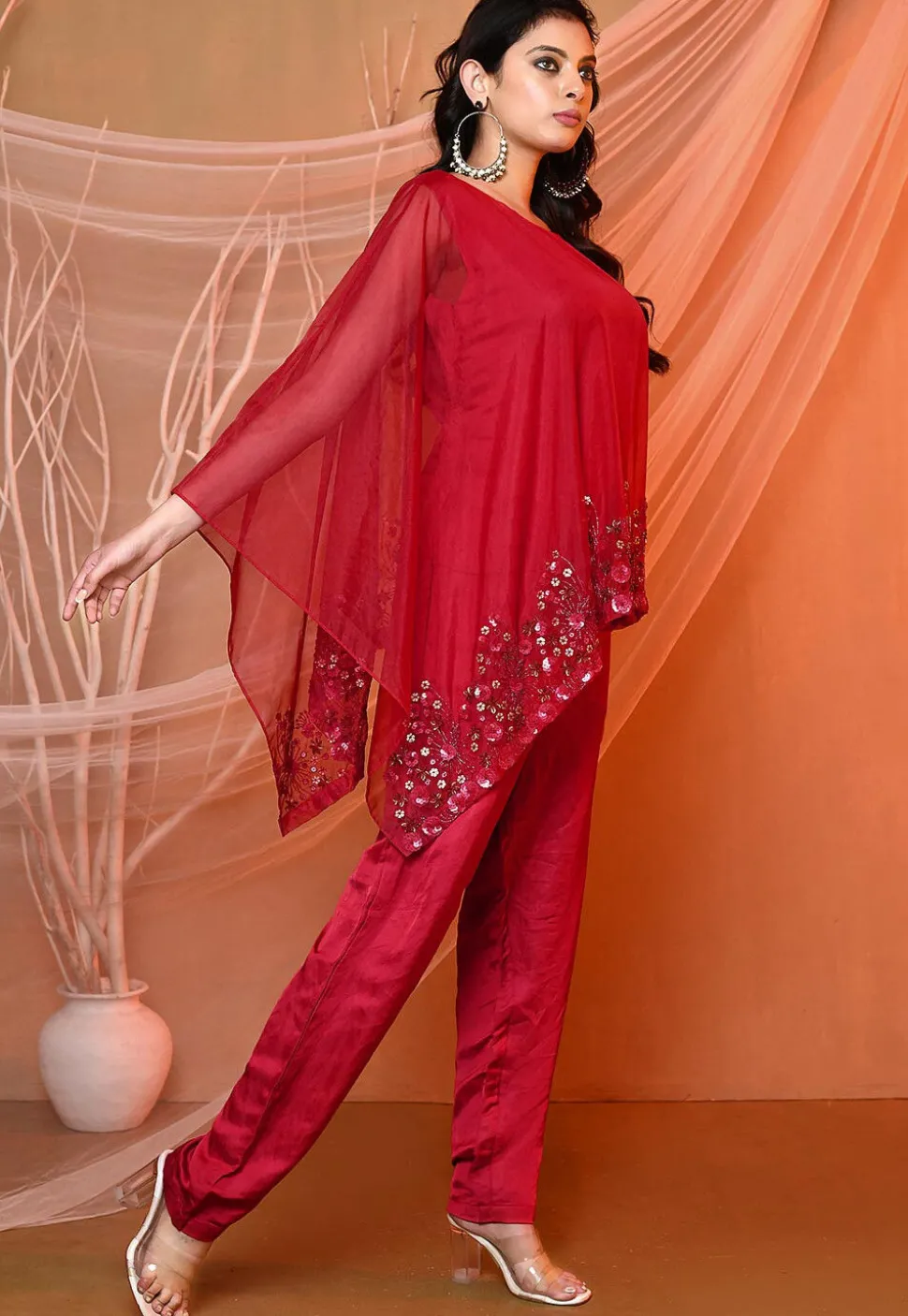 Embroidered Satin Silk and Tissue Jumpsuit in Red