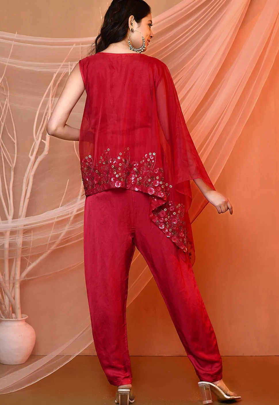 Embroidered Satin Silk and Tissue Jumpsuit in Red