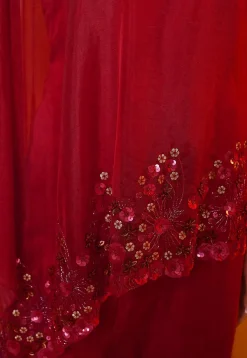 Embroidered Satin Silk and Tissue Jumpsuit in Red