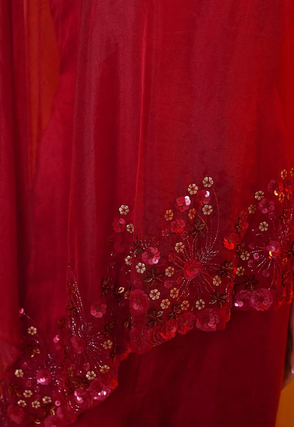 Embroidered Satin Silk and Tissue Jumpsuit in Red