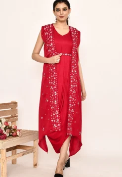 Embroidered Satin Silk Cowl Style Dress in Red