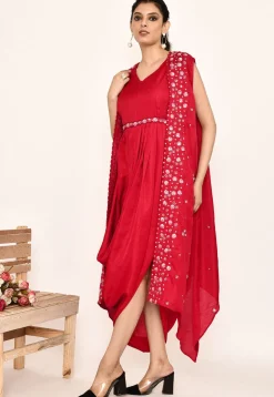 Embroidered Satin Silk Cowl Style Dress in Red