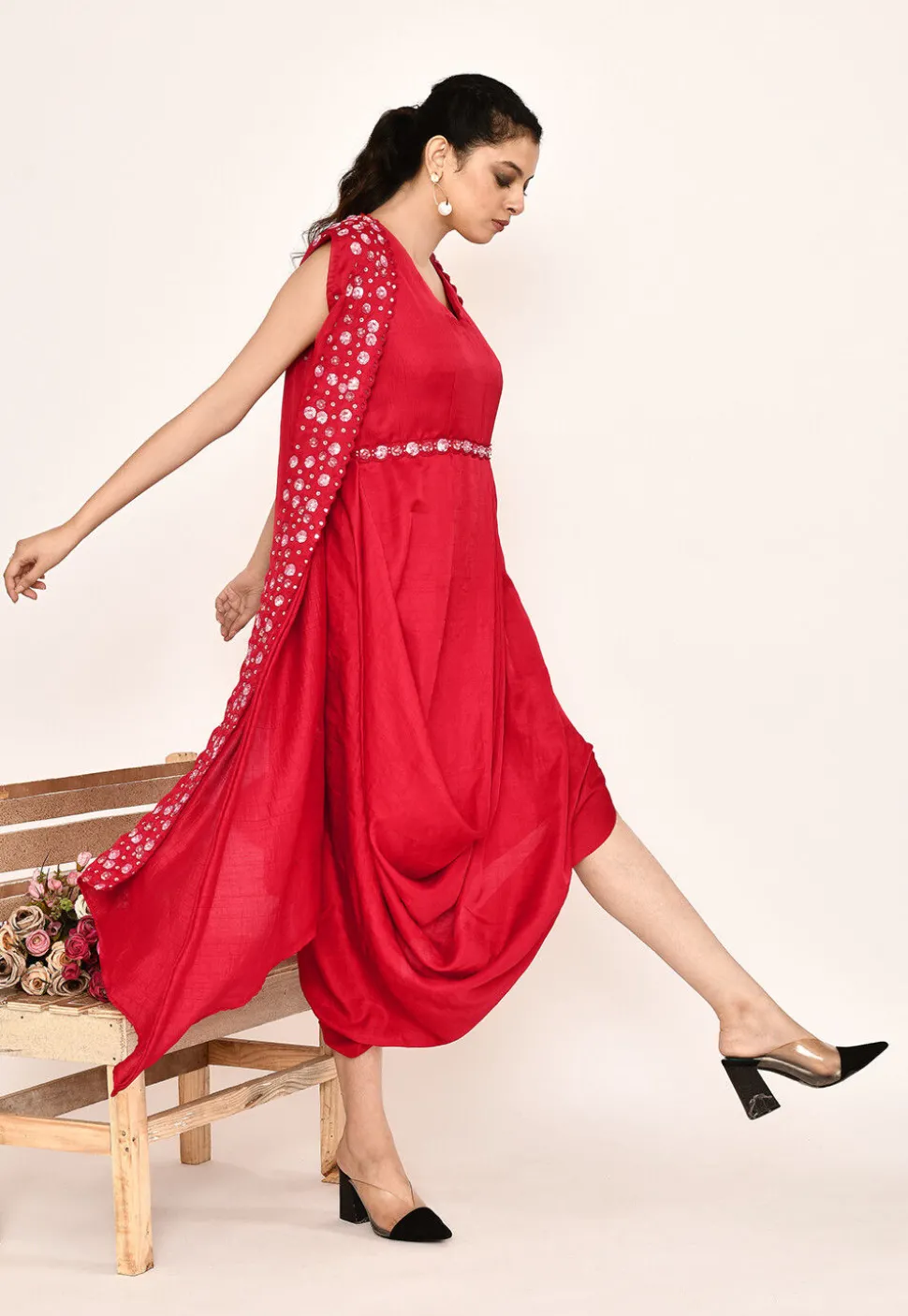 Embroidered Satin Silk Cowl Style Dress in Red