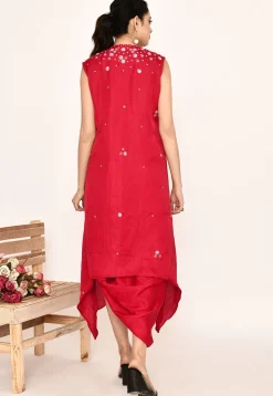 Embroidered Satin Silk Cowl Style Dress in Red
