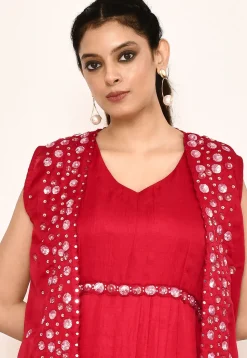 Embroidered Satin Silk Cowl Style Dress in Red