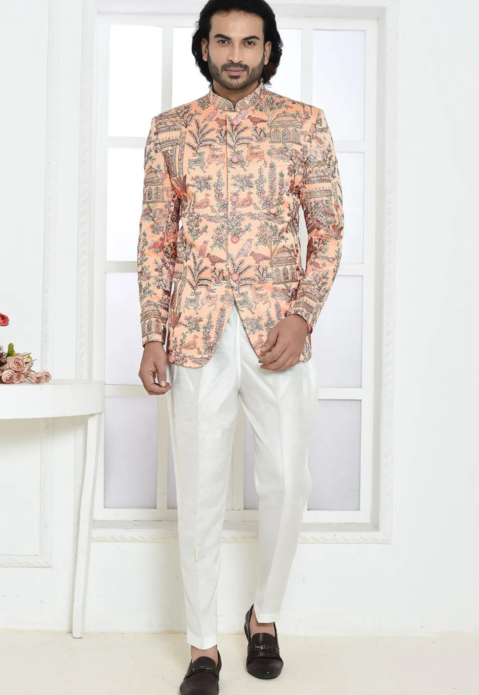 Embroidered Satin Silk Jodhpuri Suit in Peach