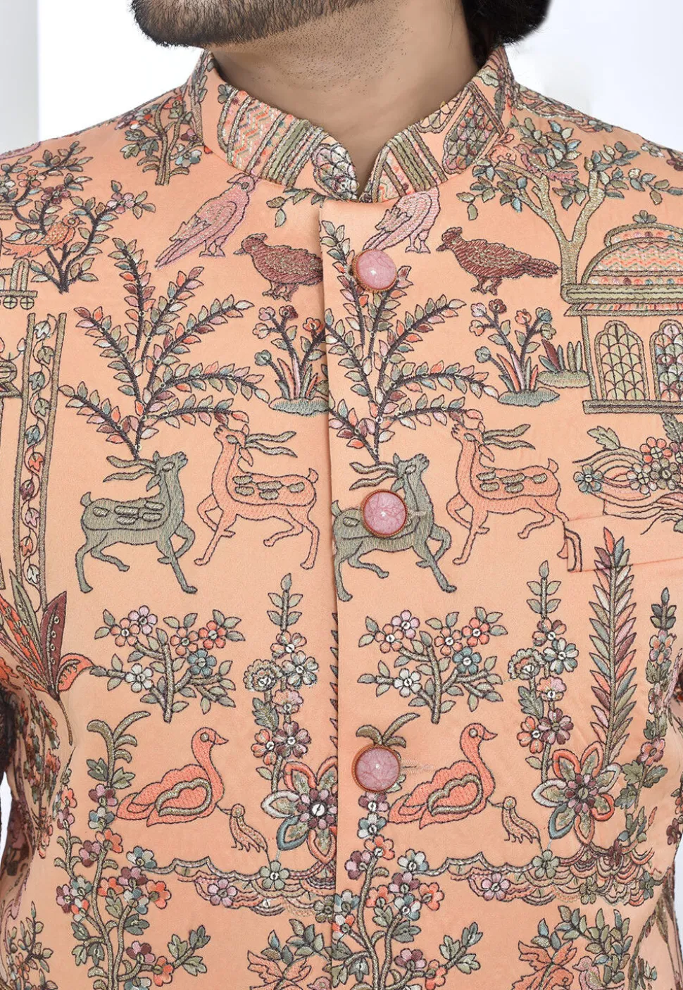 Embroidered Satin Silk Jodhpuri Suit in Peach