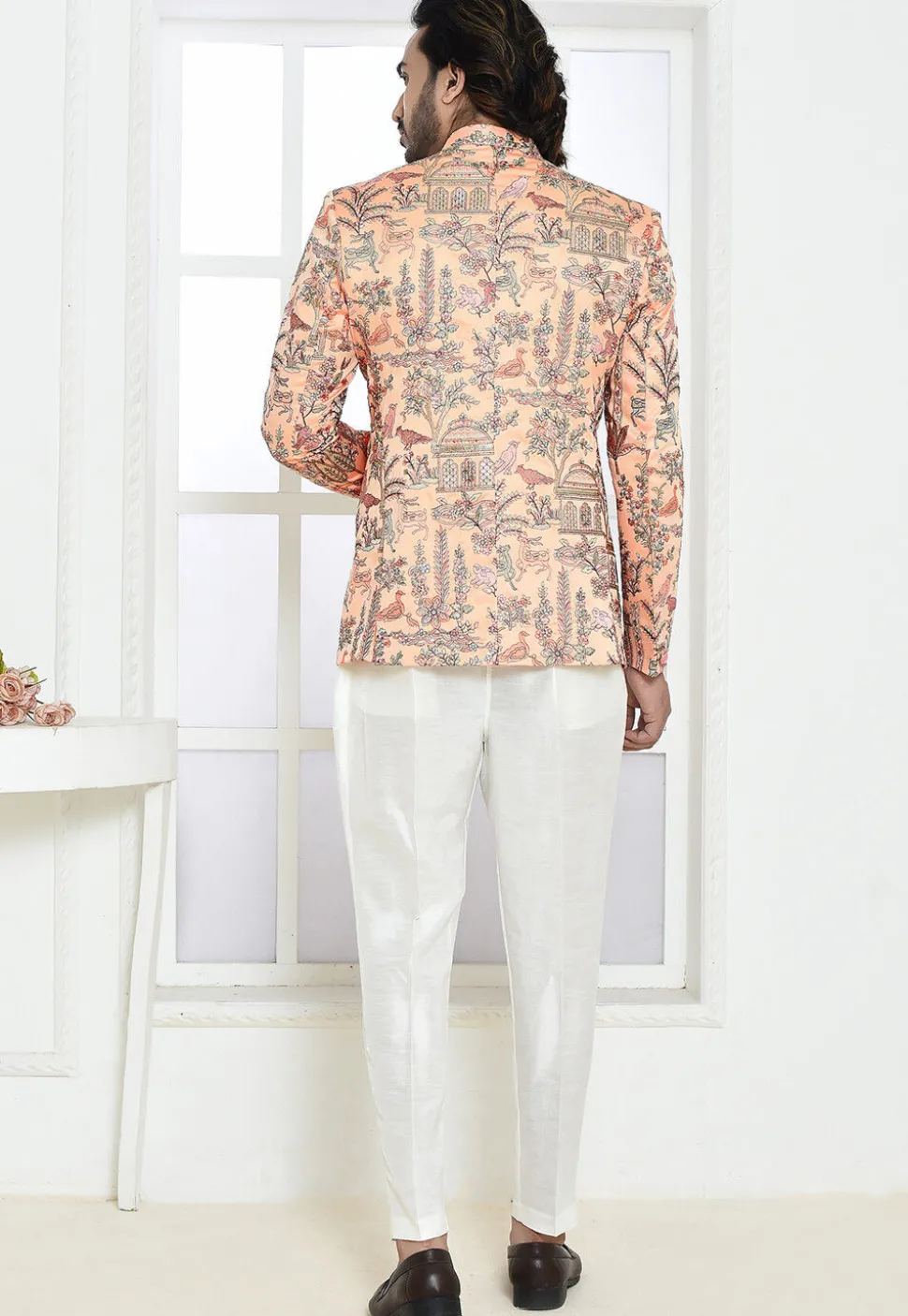 Embroidered Satin Silk Jodhpuri Suit in Peach