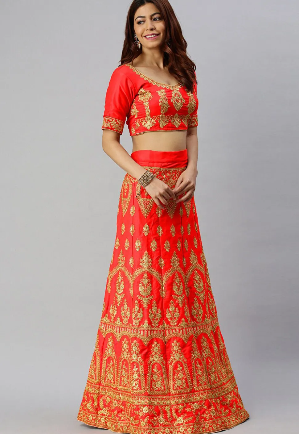 Embroidered Satin Silk Lehenga in Red