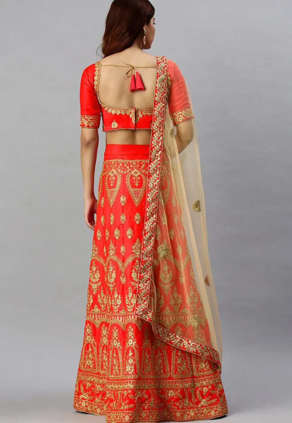 Embroidered Satin Silk Lehenga in Red