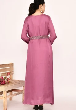 Embroidered Satin Silk Maxi Dress in Pink