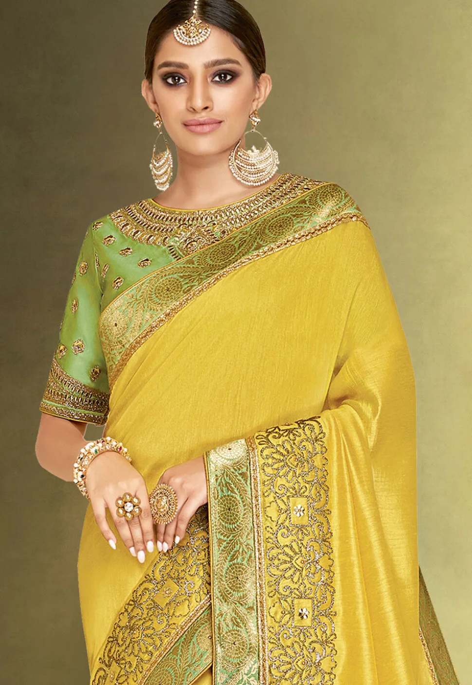 Embroidered Satin Silk Saree in Yellow