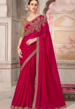 Embroidered Satin Silk Scalloped Saree in Fuchsia