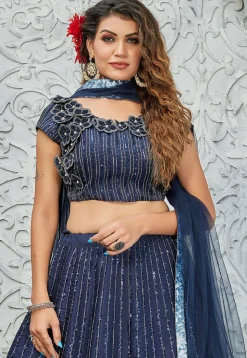 Embroidered Satin Silk Scalloped Lehenga in Navy Blue