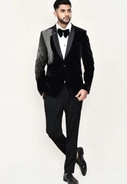 Embroidered Satin Silk Tuxedo in Off White