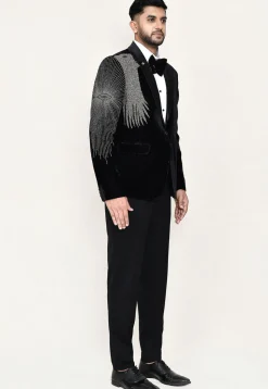 Embroidered Satin Silk Tuxedo in Off White