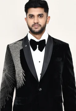 Embroidered Satin Silk Tuxedo in Off White
