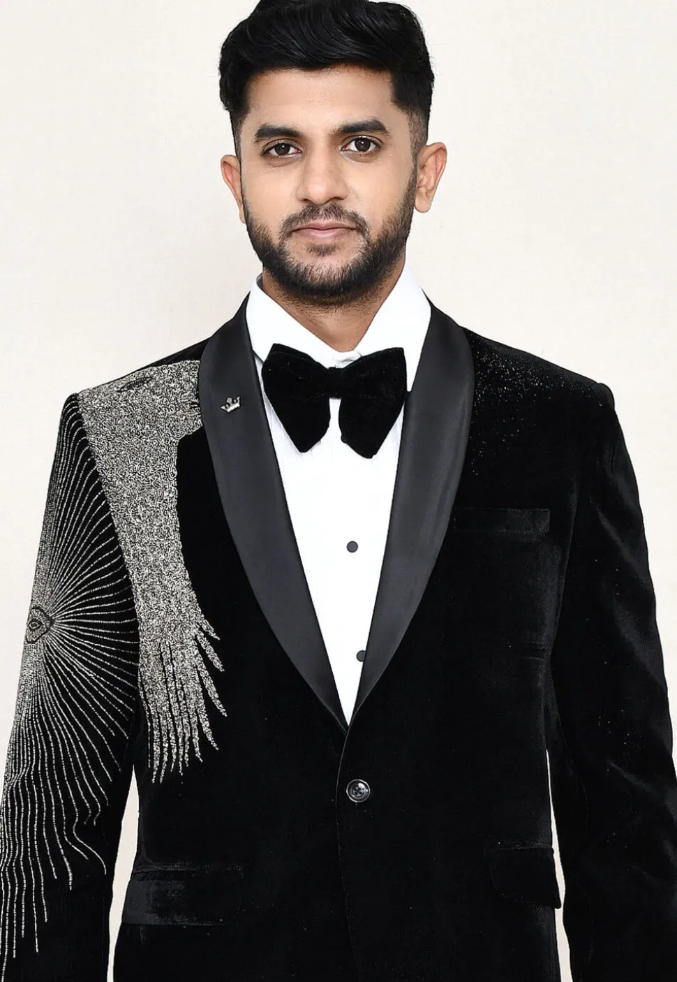 Embroidered Satin Silk Tuxedo in Off White
