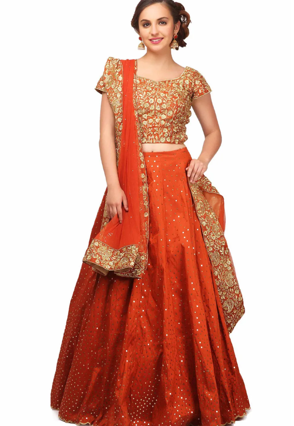 Embroidered Scalloped Art Silk Lehenga in Rust