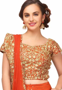 Embroidered Scalloped Art Silk Lehenga in Rust
