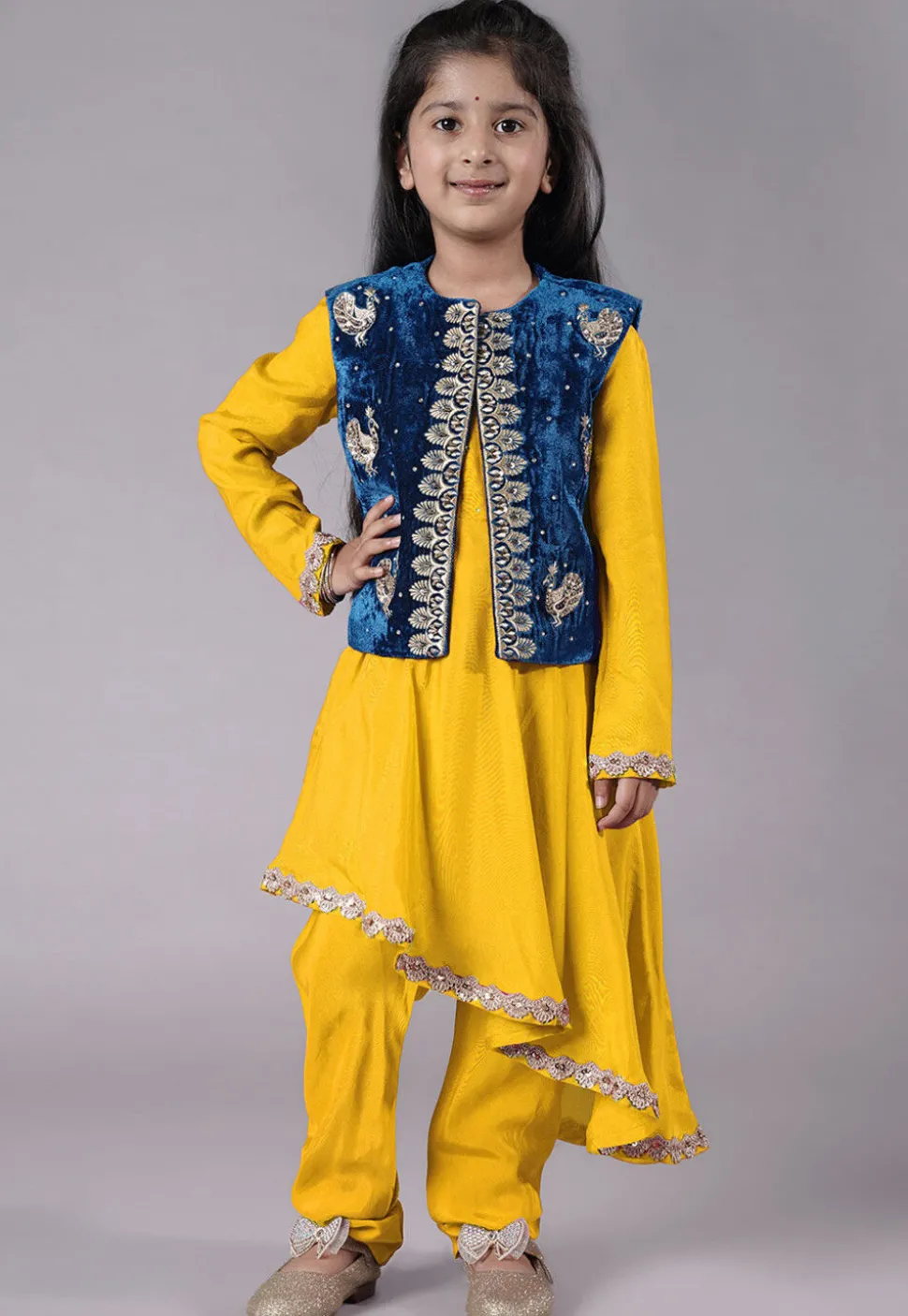 Embroidered Shantoon Asymmetric Kurta Set in Yellow and Blue