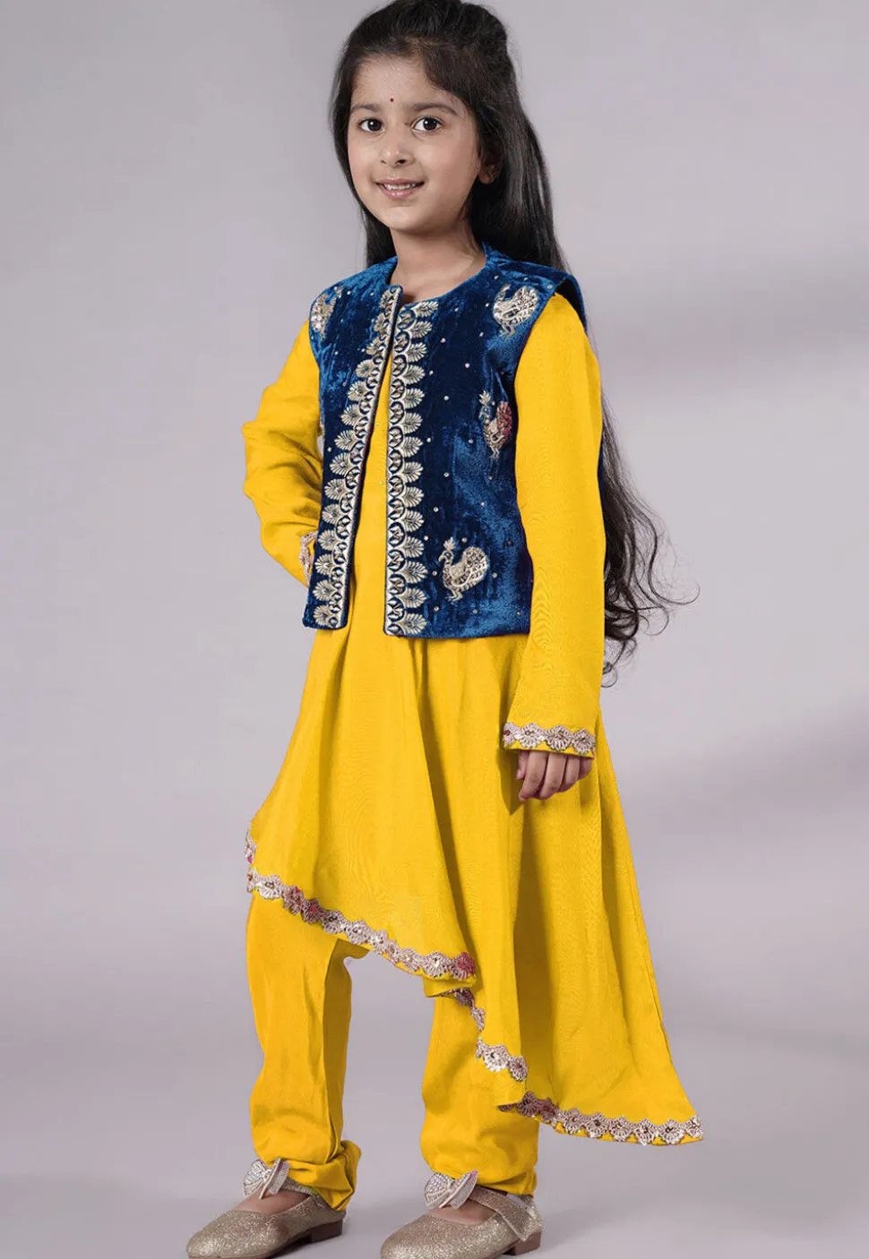 Embroidered Shantoon Asymmetric Kurta Set in Yellow and Blue