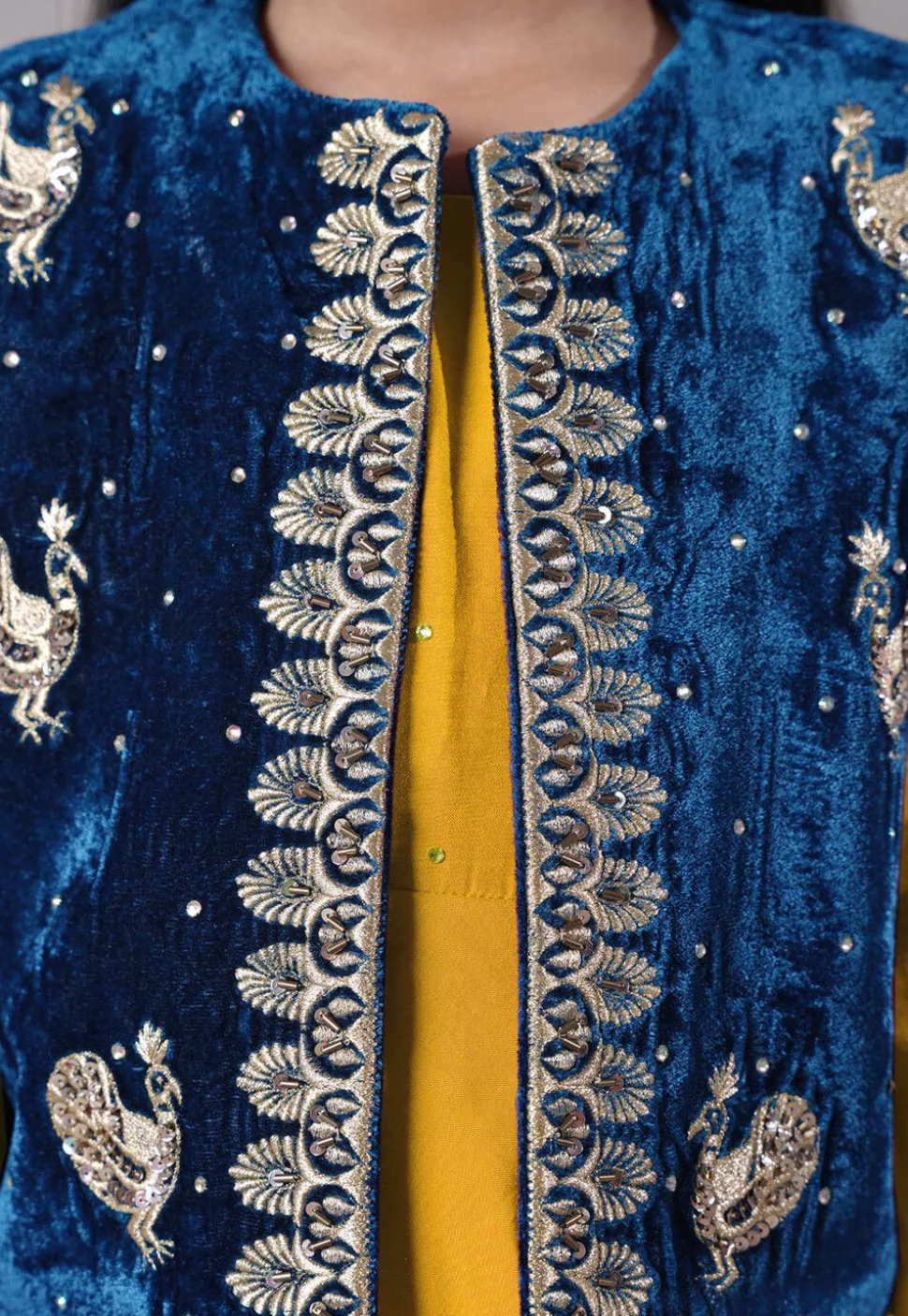 Embroidered Shantoon Asymmetric Kurta Set in Yellow and Blue