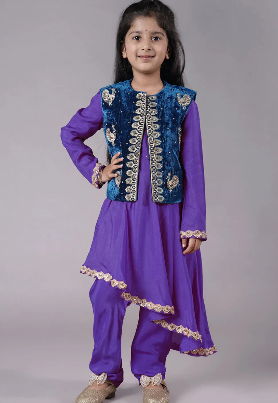 Embroidered Shantoon Asymmetric Kurta Set in Purple and Blue