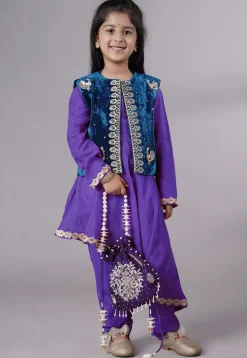 Embroidered Shantoon Asymmetric Kurta Set in Purple and Blue