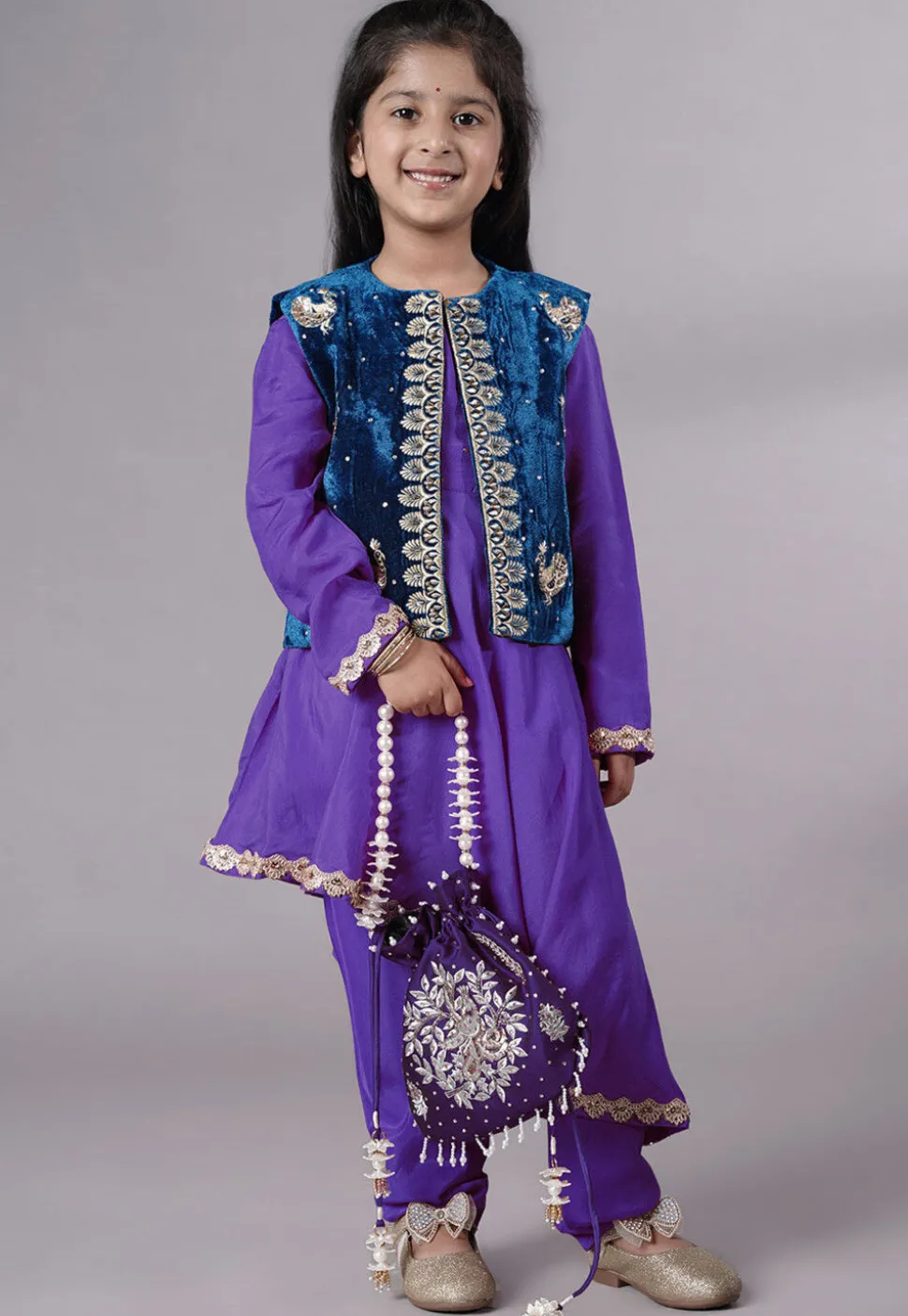 Embroidered Shantoon Asymmetric Kurta Set in Purple and Blue