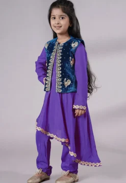 Embroidered Shantoon Asymmetric Kurta Set in Purple and Blue
