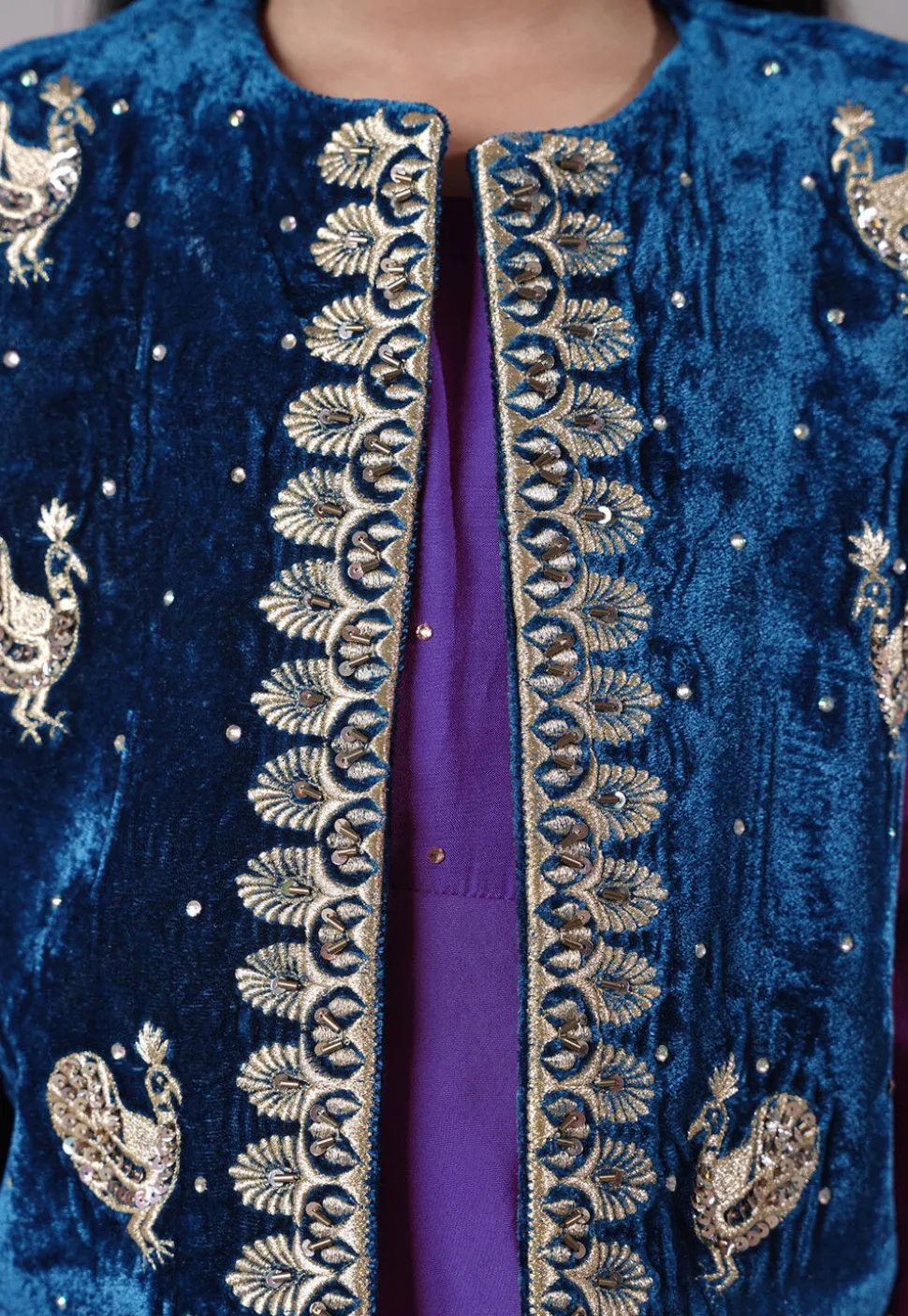 Embroidered Shantoon Asymmetric Kurta Set in Purple and Blue