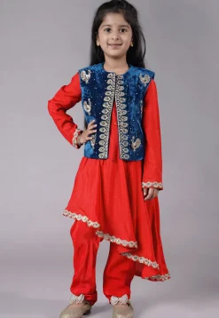Embroidered Shantoon Asymmetric Kurta Set in Red and Teal Blue
