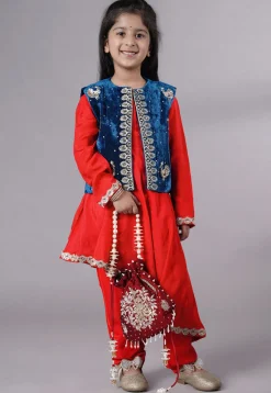 Embroidered Shantoon Asymmetric Kurta Set in Red and Teal Blue