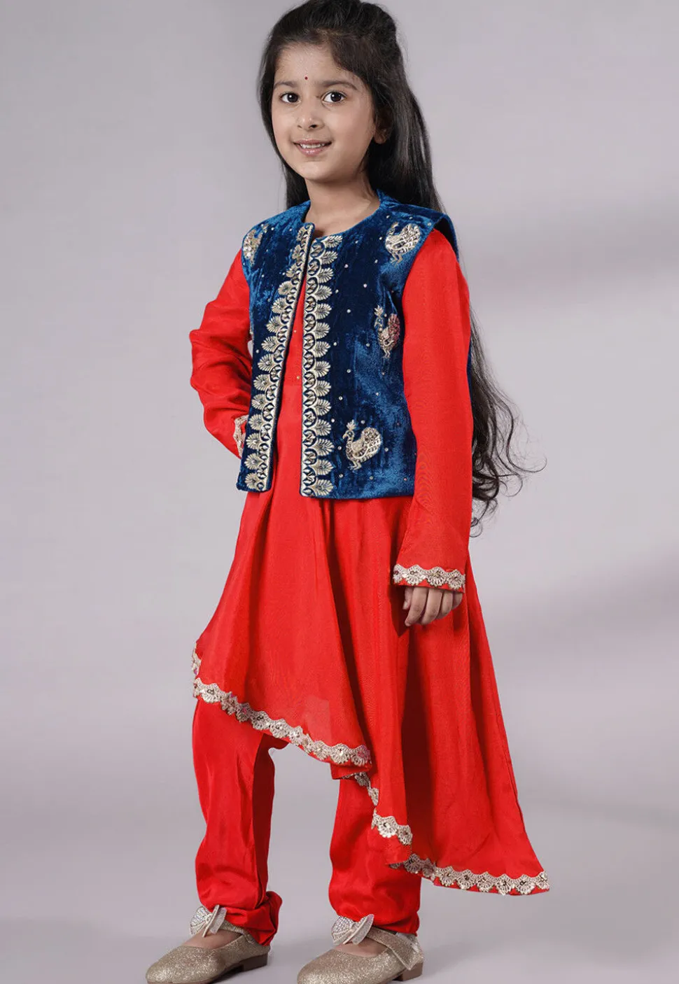 Embroidered Shantoon Asymmetric Kurta Set in Red and Teal Blue