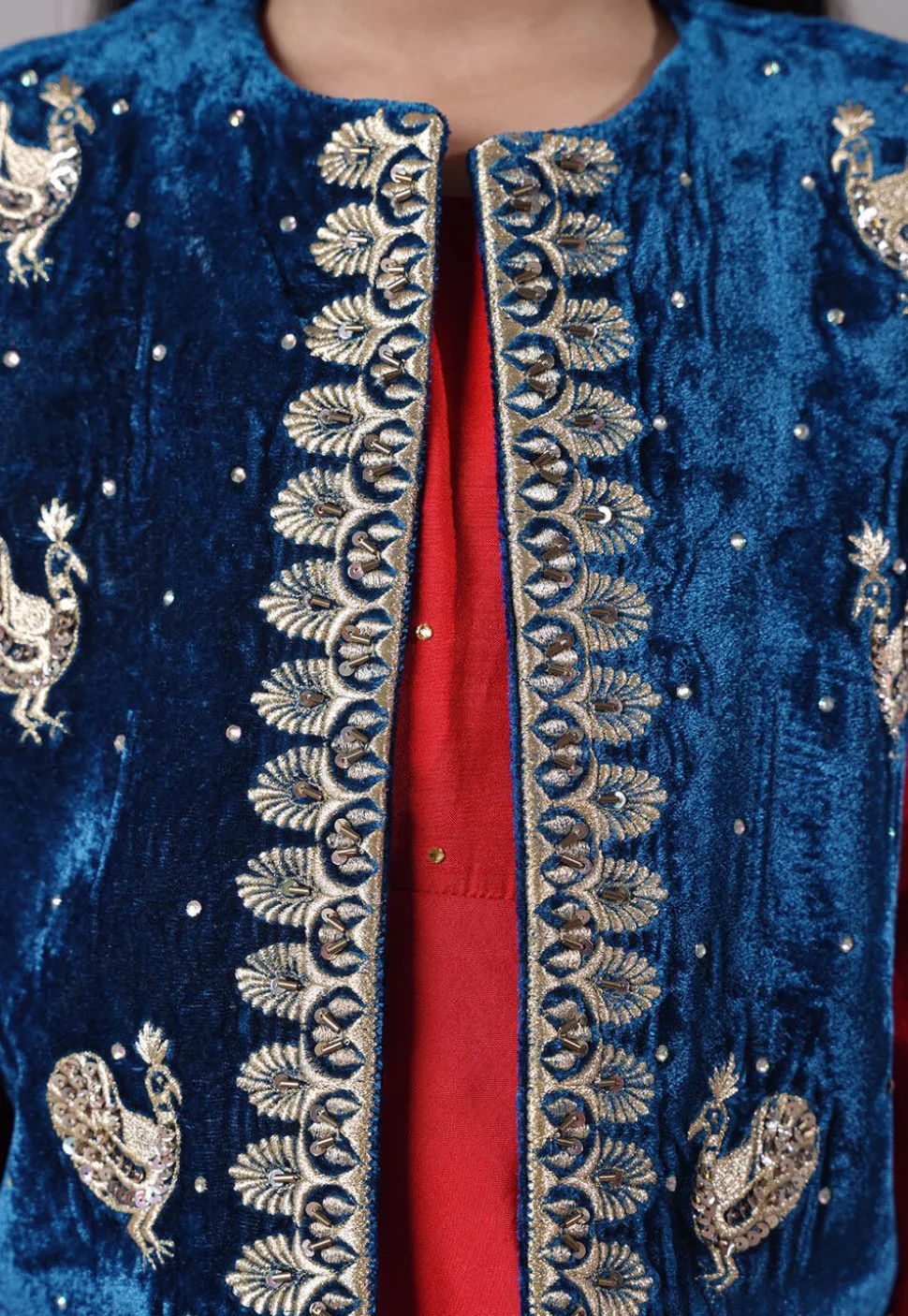 Embroidered Shantoon Asymmetric Kurta Set in Red and Teal Blue