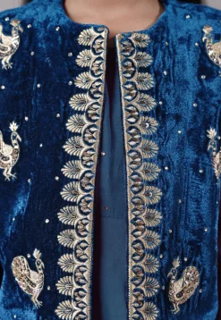 Embroidered Shantoon Asymmetric Kurta Set in Teal Blue