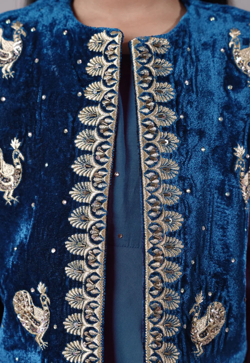 Embroidered Shantoon Asymmetric Kurta Set in Teal Blue