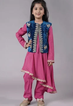 Embroidered Shantoon Asymmetric Kurta Set in Pink