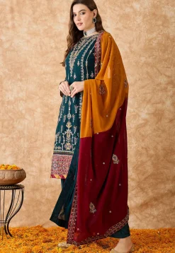 Embroidered Shantoon Lehenga in Teal Green