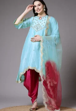Embroidered Shantoon Scalloped Punjabi Suit in Sky Blue