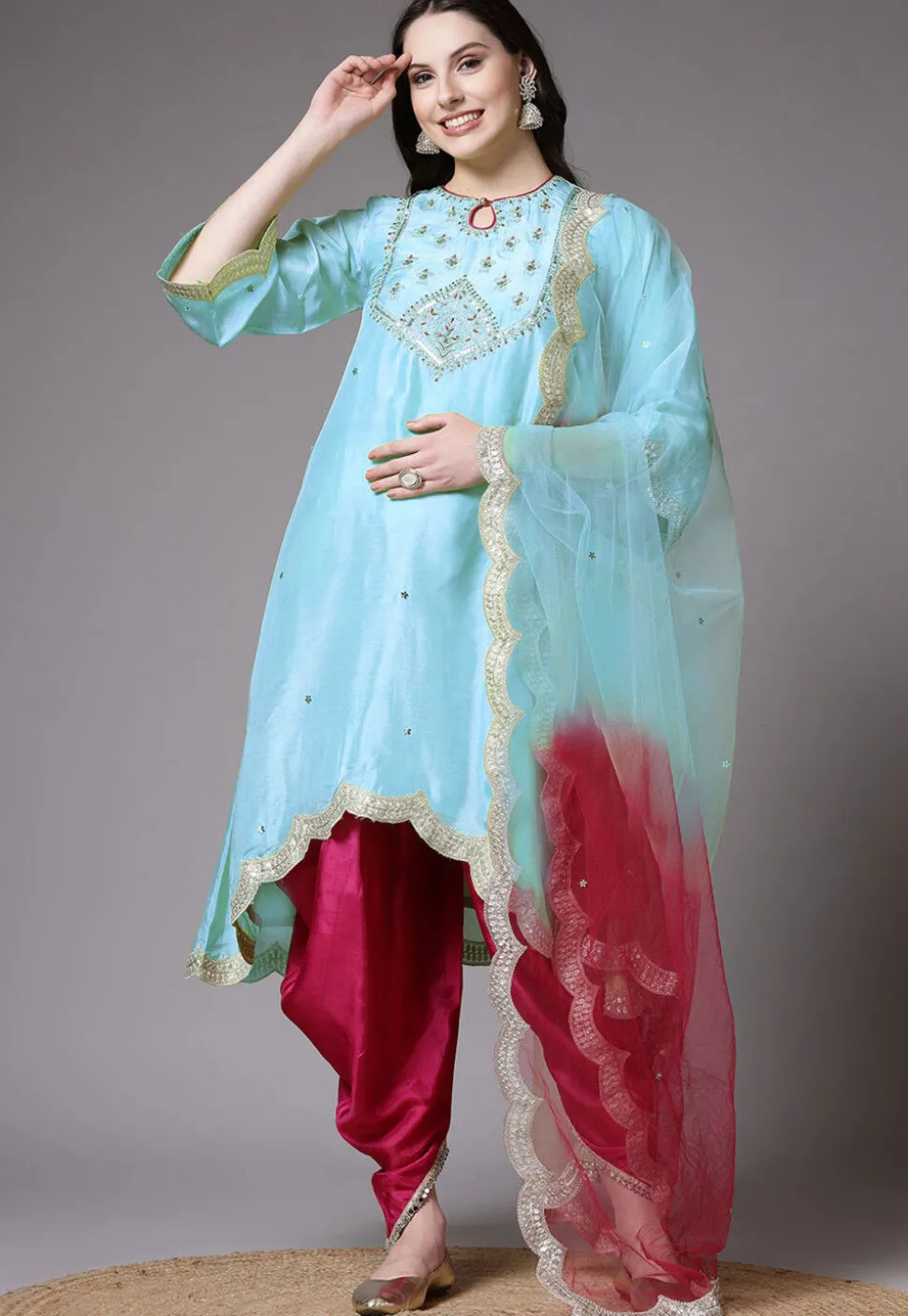 Embroidered Shantoon Scalloped Punjabi Suit in Sky Blue