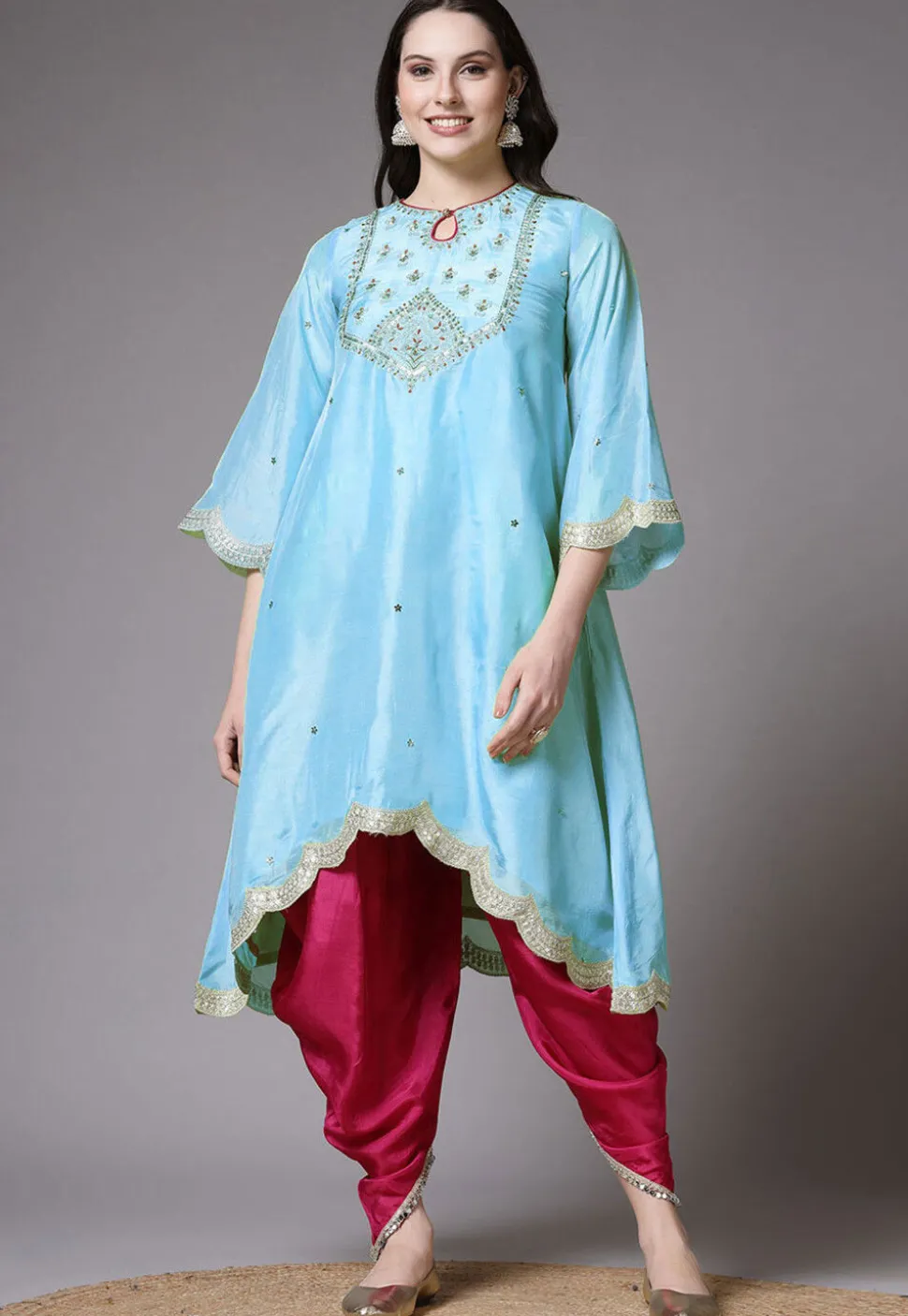 Embroidered Shantoon Scalloped Punjabi Suit in Sky Blue