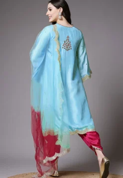 Embroidered Shantoon Scalloped Punjabi Suit in Sky Blue