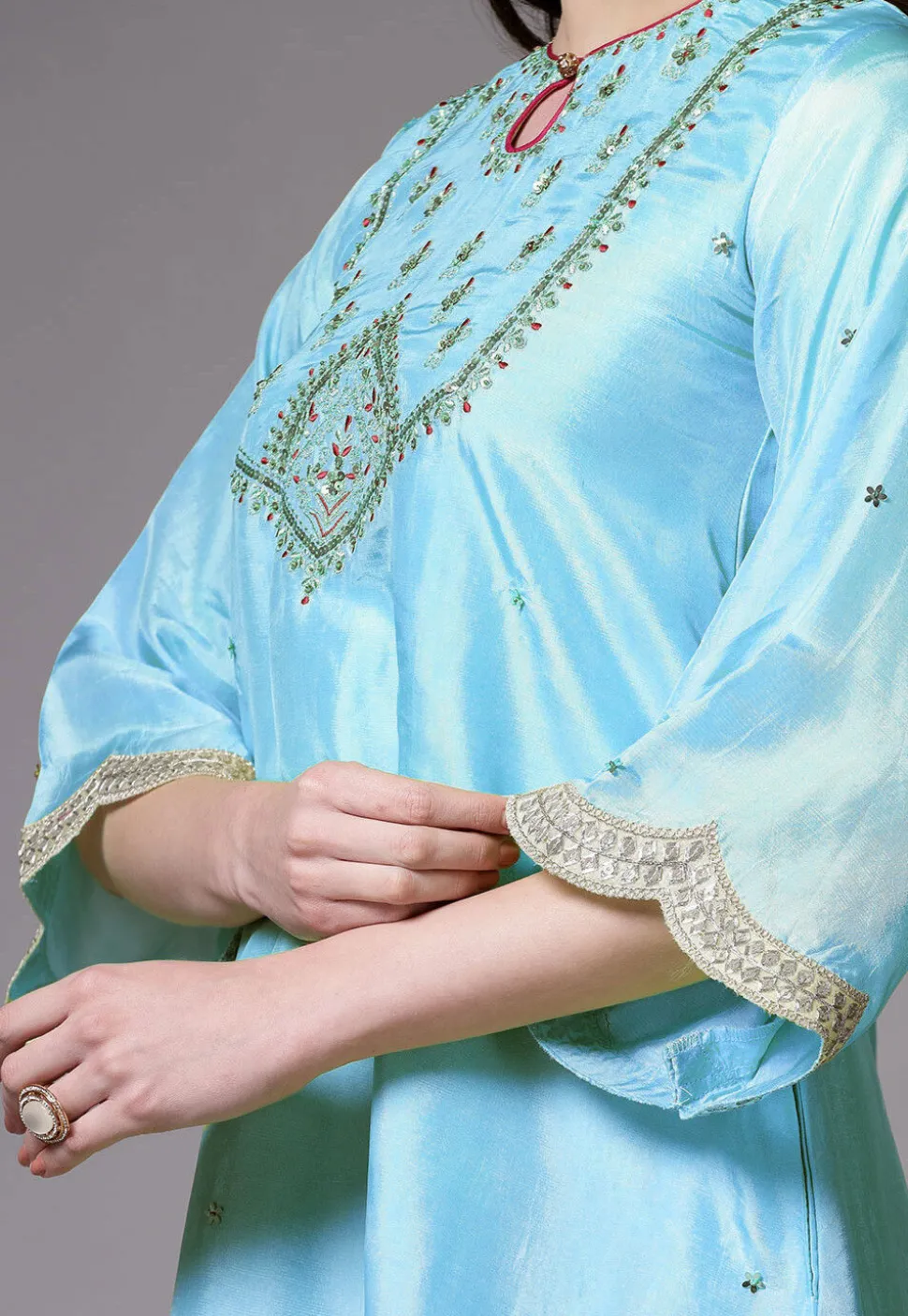 Embroidered Shantoon Scalloped Punjabi Suit in Sky Blue