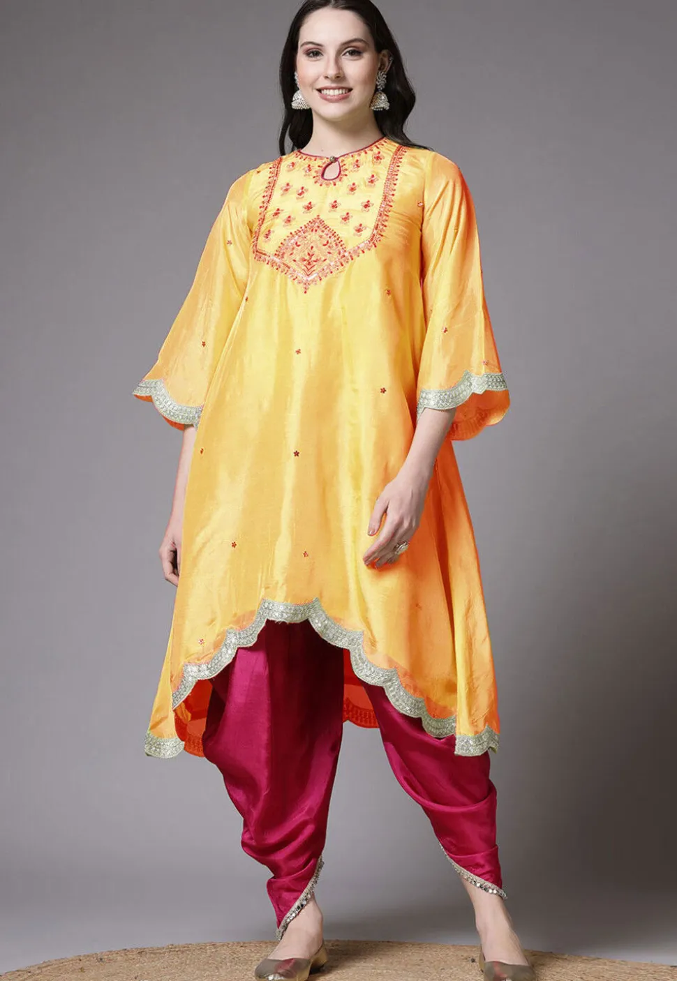 Embroidered Shantoon Scalloped Punjabi Suit in Yellow