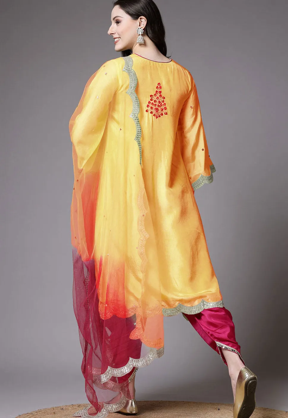 Embroidered Shantoon Scalloped Punjabi Suit in Yellow