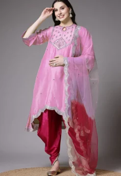 Embroidered Shantoon Scalloped Punjabi Suit in Pink