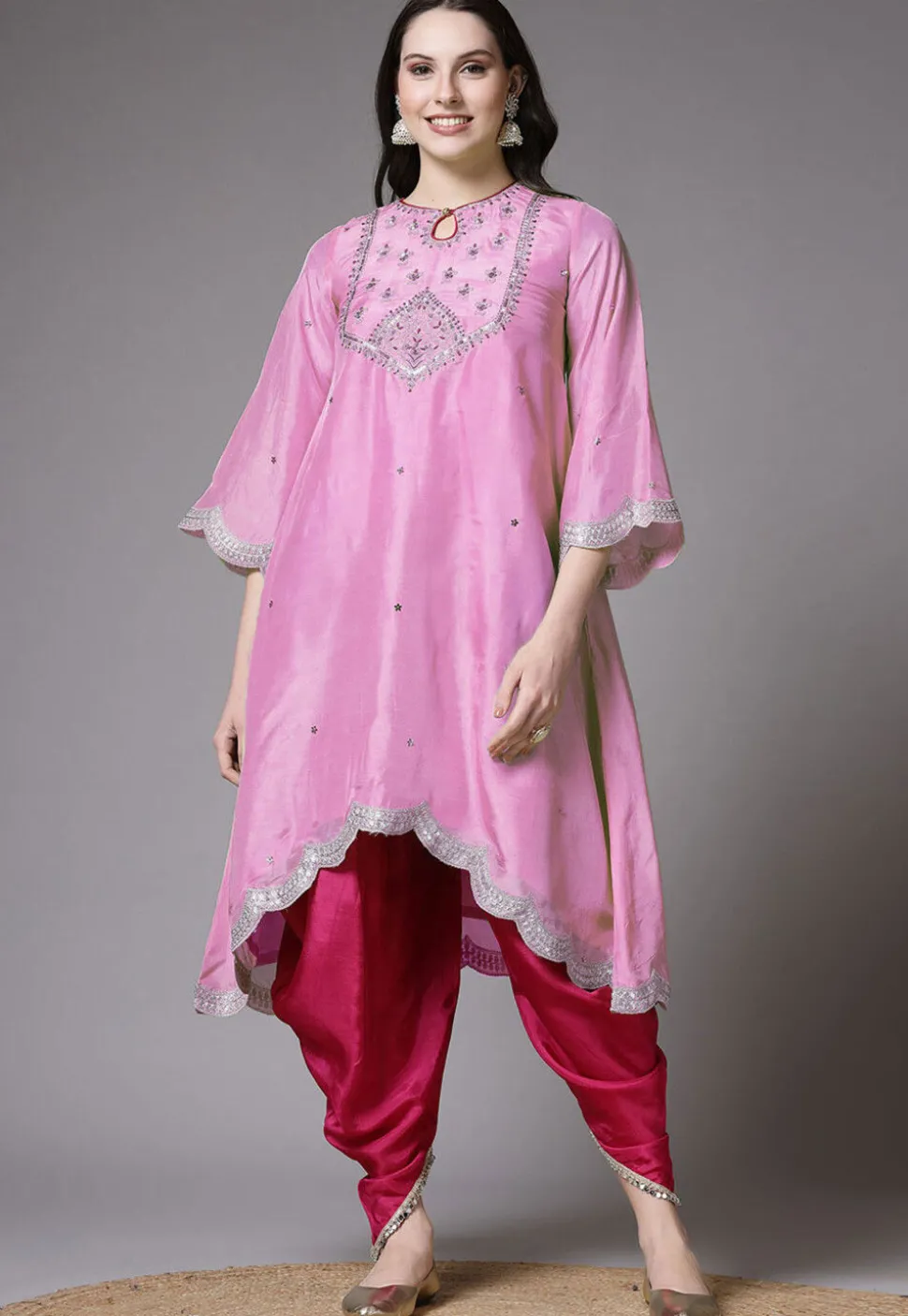 Embroidered Shantoon Scalloped Punjabi Suit in Pink